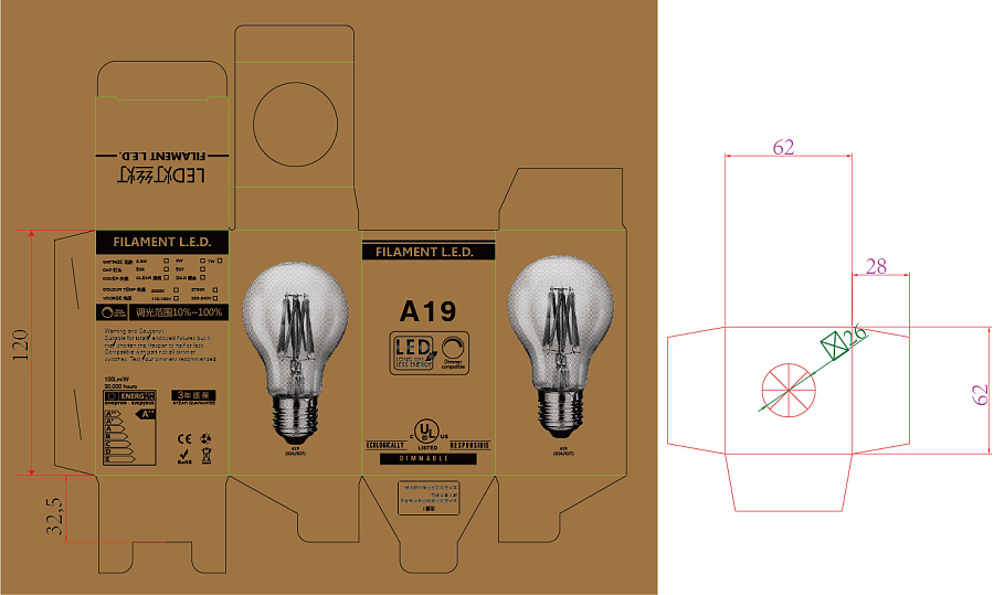 led灯丝泡包装盒设计展开图