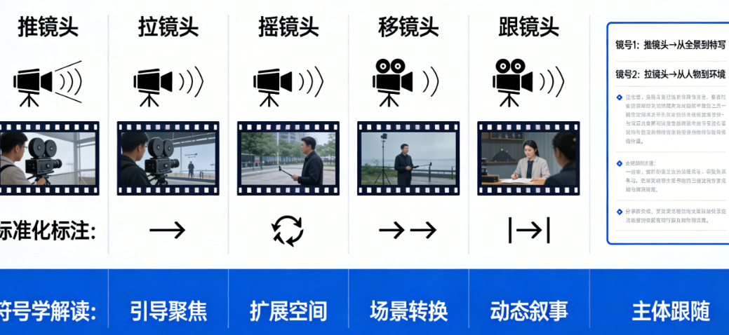 从文字到影像:分镜脚本中推拉摇移跟的标准化标注与符号学解读