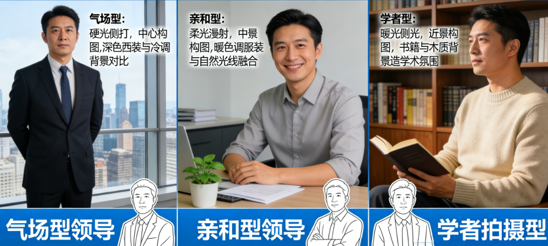 不同风格的领导怎么拍出不同感觉?从气场型、亲和型到学者型的分人像拍摄指南