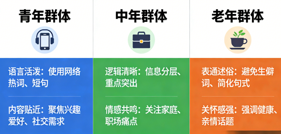 找准受众调性：不同年龄段（青年/中年/老年）文案写法技巧