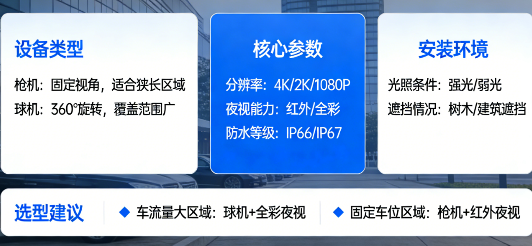 2.8mm还是6mm?立杆3米还是6米?枪机还是球机?——室外停车监控选型决策地图