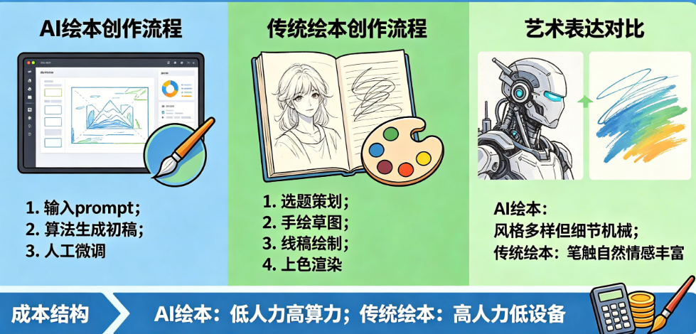 AI绘本和传统绘本有什么区别?从创作流程、成本结构到艺术表达的深度对比分析