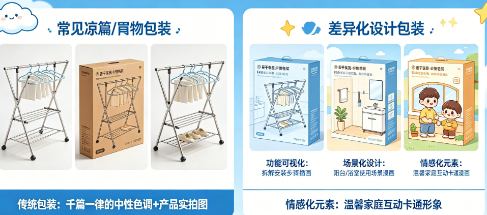 包装千篇一律怎么破?揭秘晾衣架/置物架包装的市场差异化设计方法