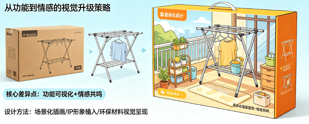 包装千篇一律怎么破?揭秘晾衣架/置物架包装的市场差异化设计方法