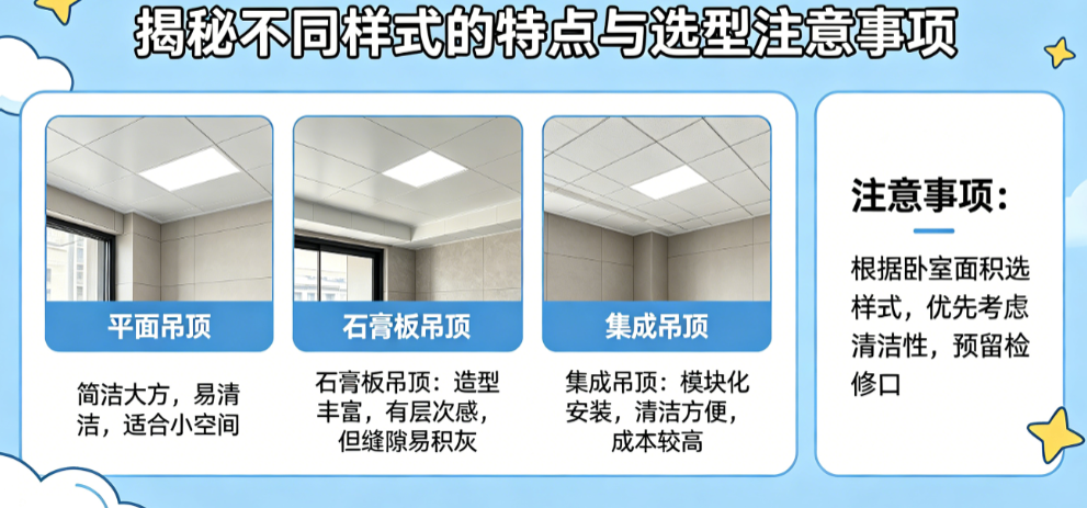 卧室吊顶选错压抑又难清洁?揭秘不同样式的特点与选型注意事项