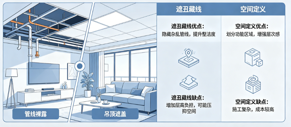客厅吊顶别只懂“为了好看”!从遮丑藏线到空间定义的完整优缺点分析
