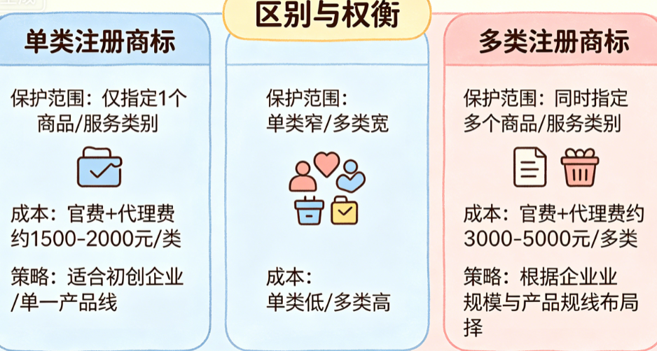 单类注册商标和多类注册商标有什么区别?保护范围、成本、策略如何权衡?