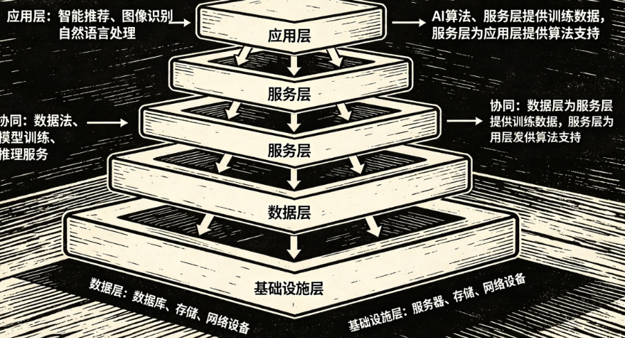 AI系统集成的技术架构是什么?层与层之间怎么协同?