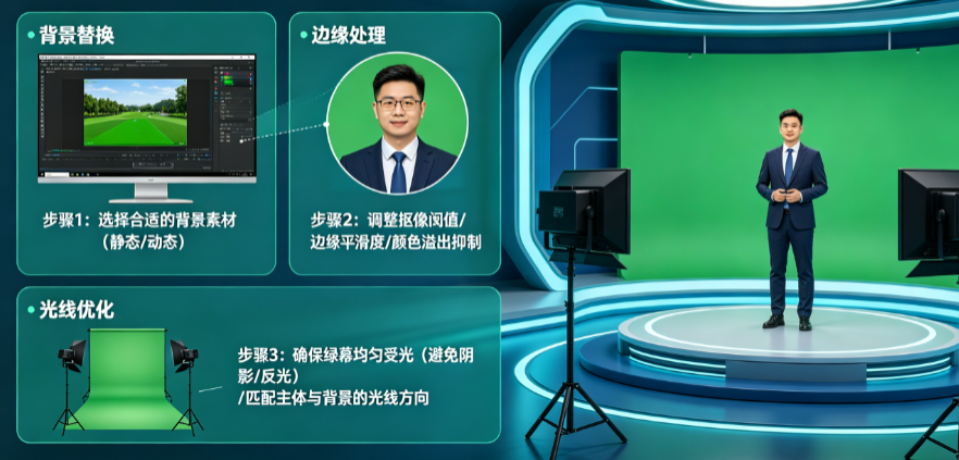 直播绿幕抠图怎么调试？背景替换、边缘处理、光线如何优化？——绿幕抠像全指南
