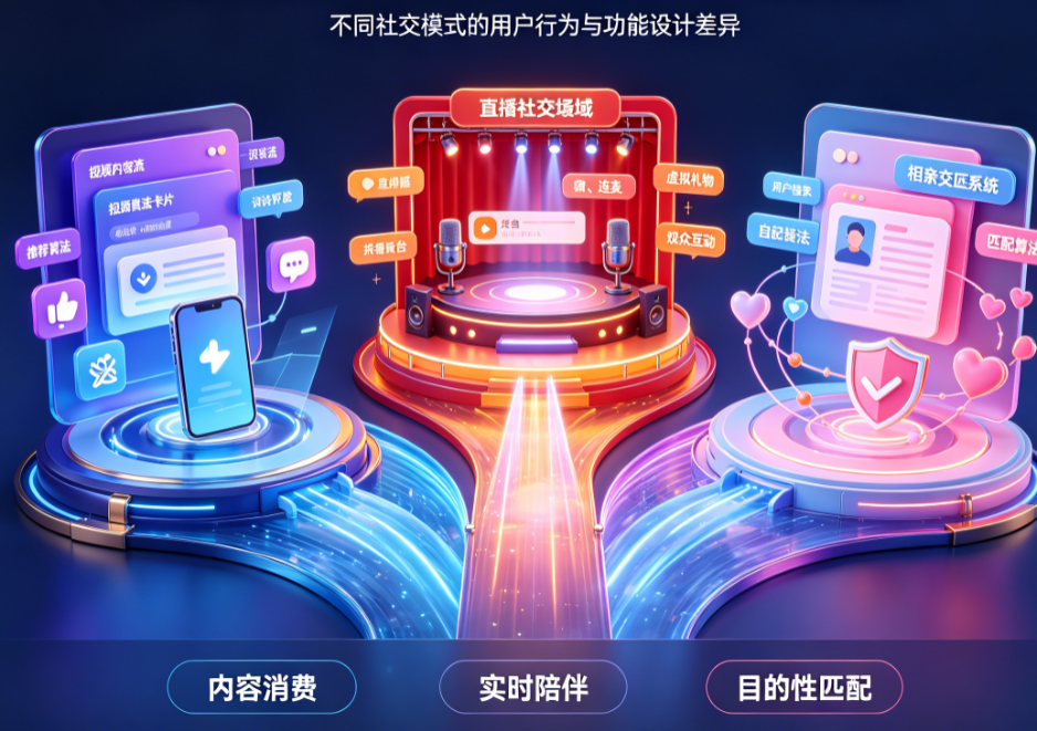 直播社交vs短视频社交vs相亲交友：不同社交模式的用户行为与功能差异