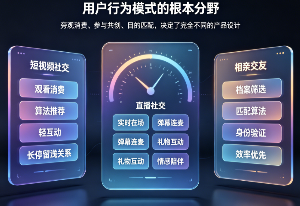 直播社交vs短视频社交vs相亲交友：不同社交模式的用户行为与功能差异